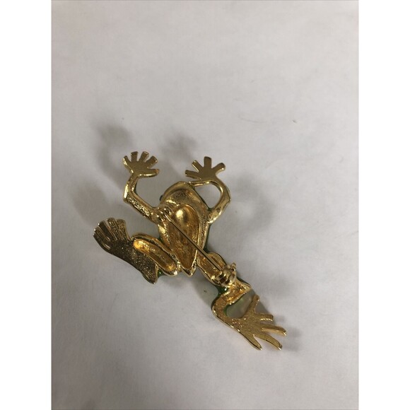 Vintage Green Enamel Gold Tone Green Rhinestone Eyes Frog Pin Brooch - Picture 3 of 7